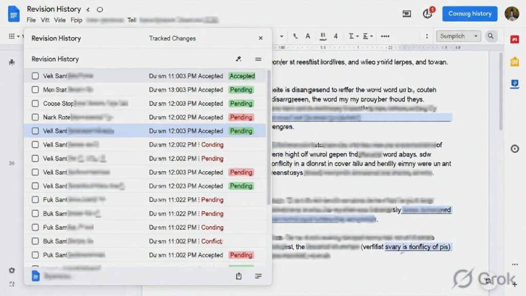 Packed revision history in Google Doc — names blacked out, tension clear