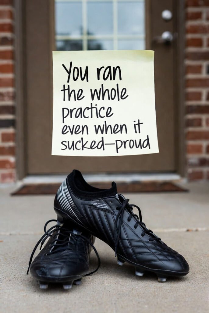 Black cleats paired with yellow post-it saying "proud" in chicken-scratch.