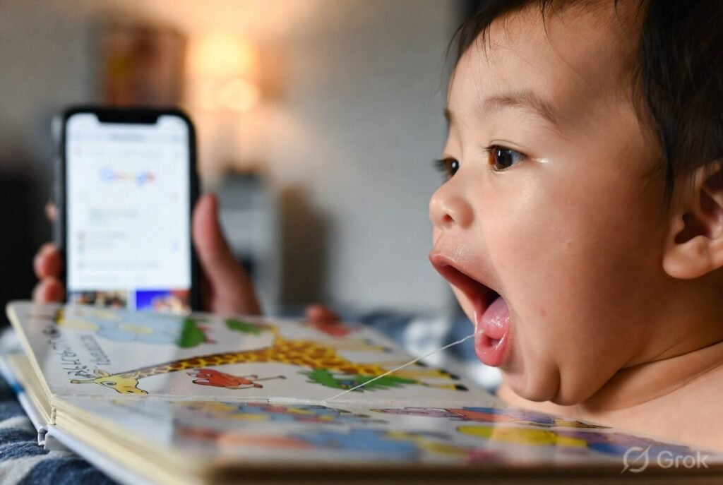 Close baby face roaring with glee, drool dripping onto page.