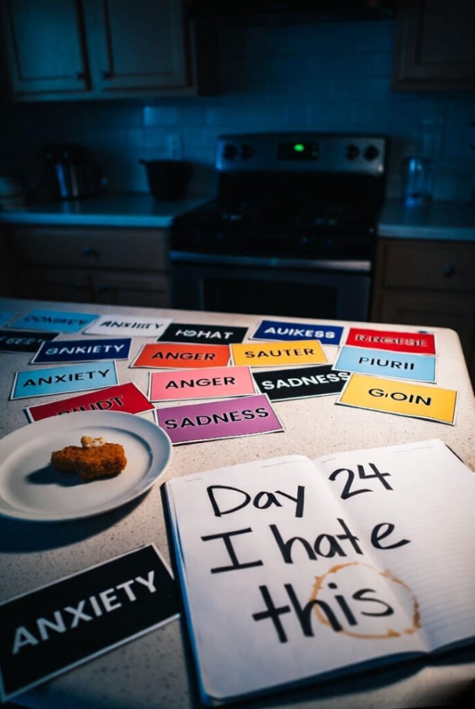 "8 p.m. kitchen counter: scattered emotion cards, half-eaten nugget, journal open to 'Day 24 I hate this,' coffee ring stains"