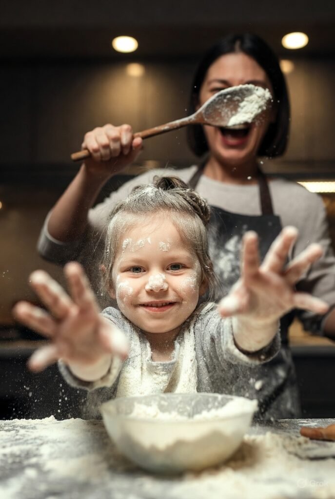 Toddler chef creates flour storm, parent in hysterics