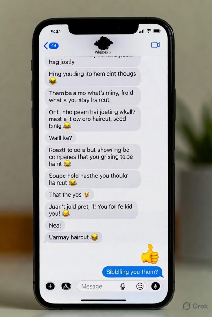 Sibling text thread screenshot: barrage of crying-laughing emojis after a savage haircut roast, ending with one lone thumbs-up reply.
