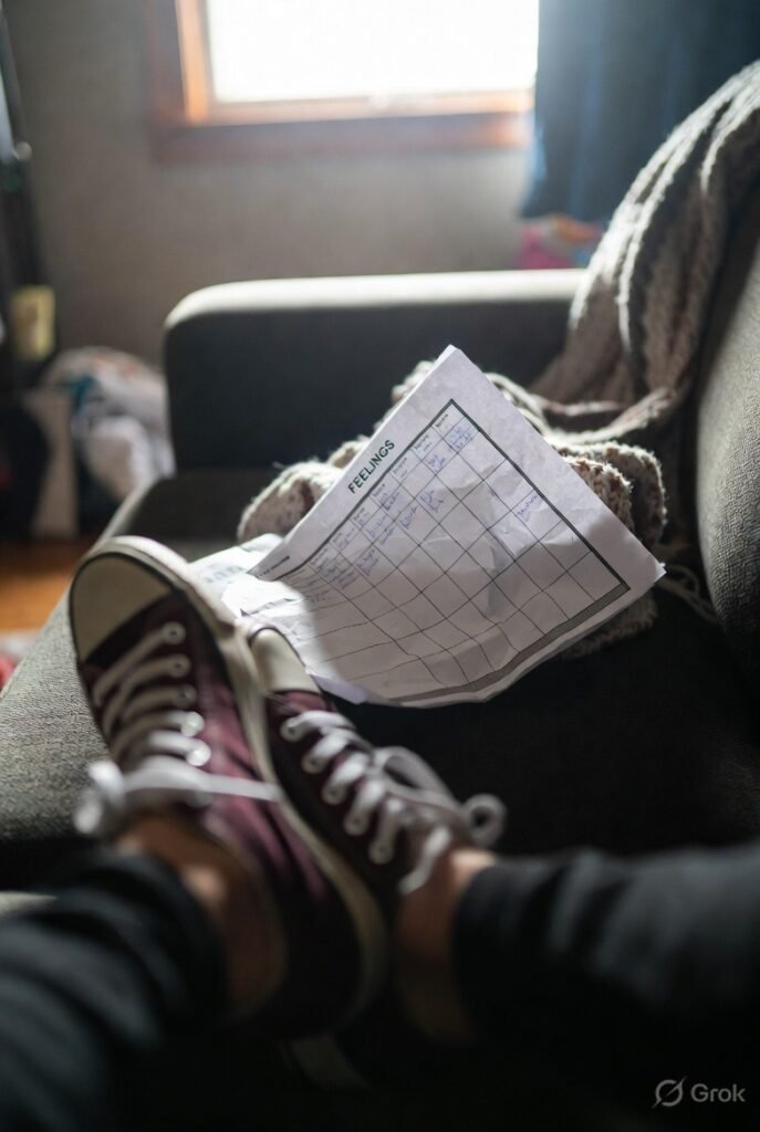 Natural light on couch with kicked-off shoes and messy feelings chart underneath.