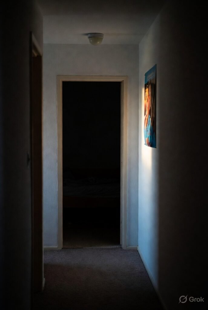 dark room, faint streetlight glow on forgotten poster, slight tilt for lonely unease.