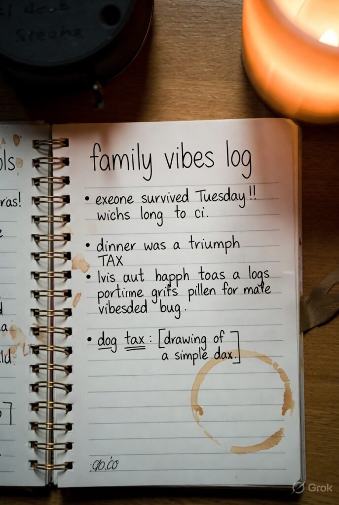 Overhead shot of an open, worn notebook page titled “family vibes log” with messy handwritten bullet points like “everyone survived Tuesday!!” and a prominent coffee ring stain.
