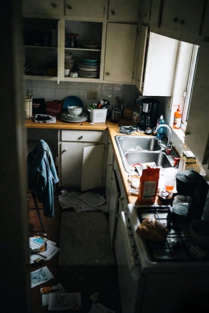 Real-life kitchen disaster with toddler on hip Real-life kitchen disaster with toddler on hip