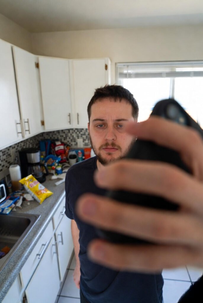Dad's dead-eyed stare in chaotic kitchen snapshot