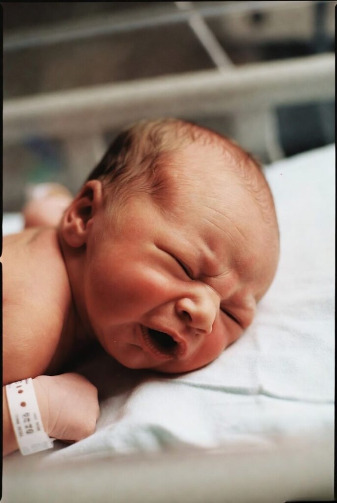Squished newborn face, raw hospital bassinet close-up