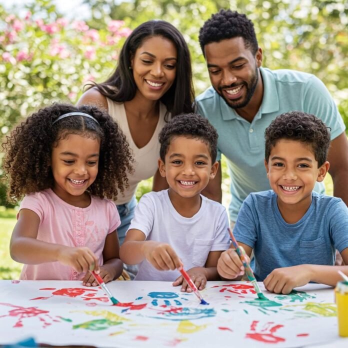 Happy family painting outdoors. Happy family painting outdoors.
