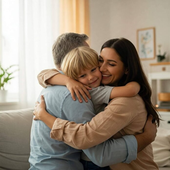 Child hugging parents Child hugging parents