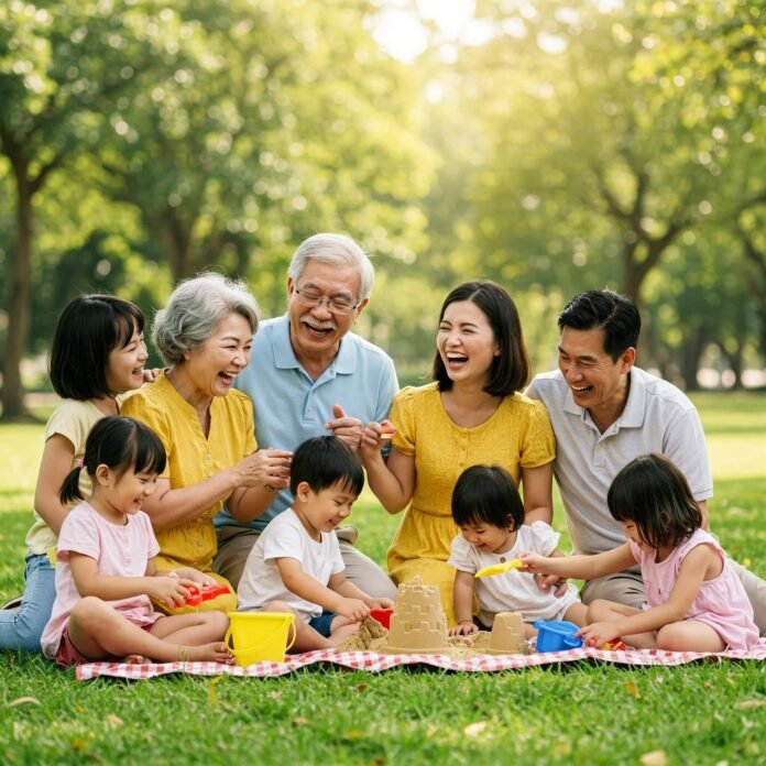 Multigenerational family enjoying a joyful picnic in a park Multigenerational family enjoying a joyful picnic in a park