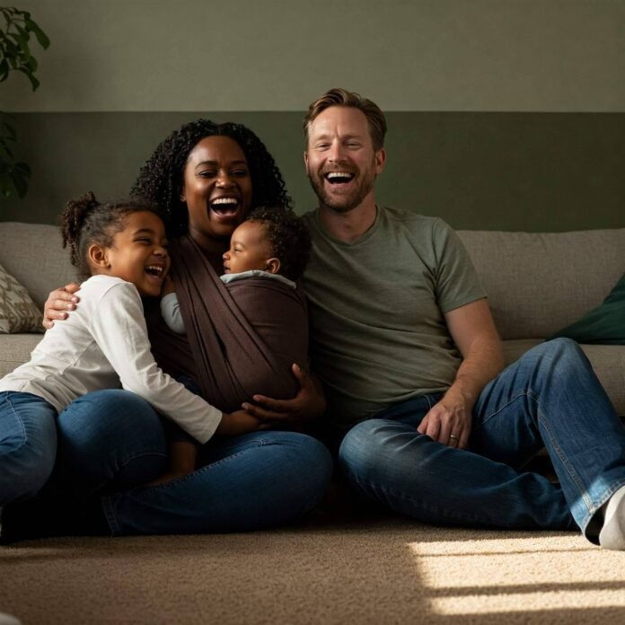 Diverse family laughing together in a cozy home Diverse family laughing together in a cozy home