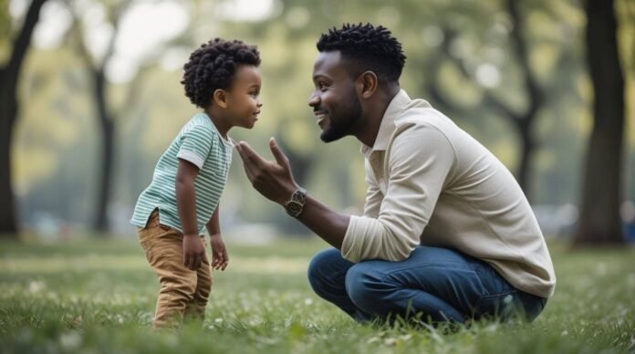 Parent and child eye contact in park. Parent and child eye contact in park.