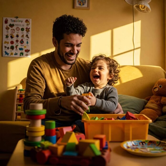 Parent and toddler laughing while organizing toys in a cozy Parent and toddler laughing while organizing toys in a cozy