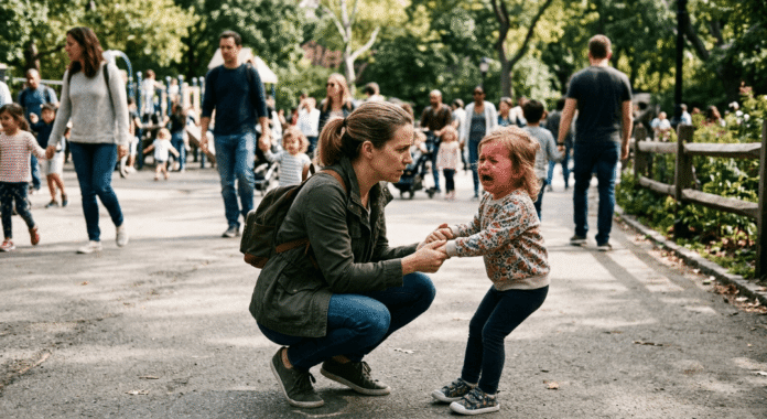 A parent calmly holding a crying child's hands.(1) (1) A parent calmly holding a crying child's hands.