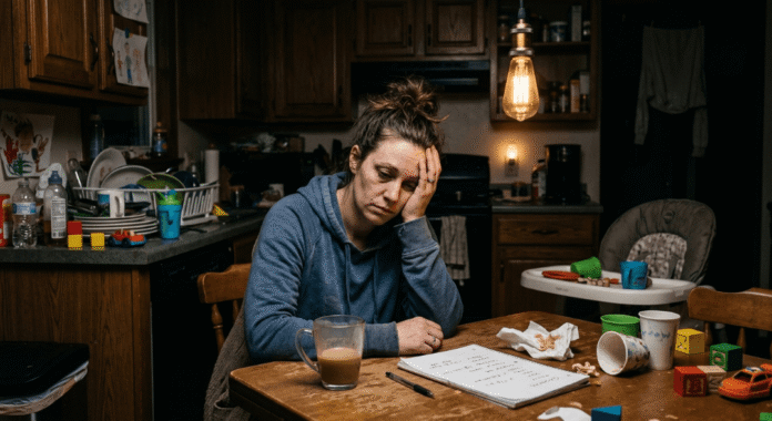 A tired person sitting at a messy kitchen table.(1) (1) A tired person sitting at a messy kitchen table.